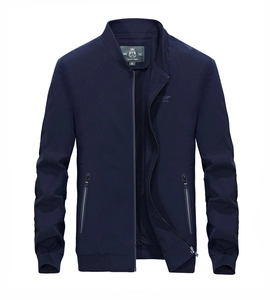 Men's dark blue stand collar windbreaker jacket with JEAR SPORTS logo and ribbed cuffs