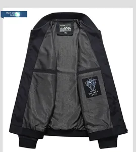 Detail of dark blue jacket showing breathable black mesh lining and inner brand label