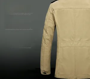 Detailed view of khaki business jacket with adjustable cuff buttons and reinforced stitching