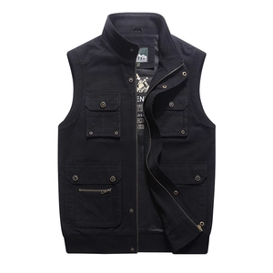 Gilet de pêche noir pour hommes avec plusieurs poches et fermeture éclair robuste