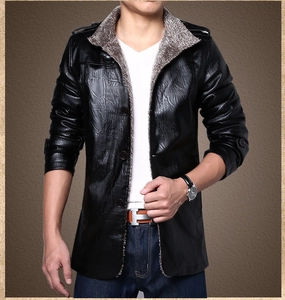 Close-up of men's faux crocodile embossed leather jacket with grey fur collar detail