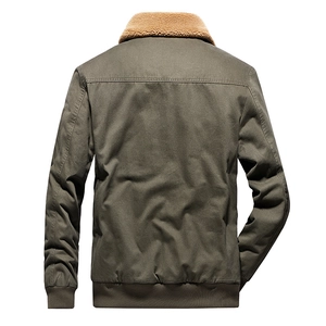 Men's olive military canvas jacket with sherpa collar seen from back view