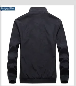Back view of men's camouflage jacket with ribbed knit cuffs and hem in dark blue
