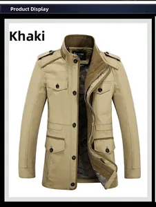 Detail of khaki business jacket featuring military shoulder straps and multi-pocket design
