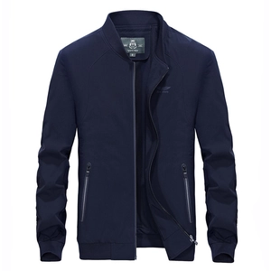 Men Casual Bomber Jacket Polyester Breathable Windproof Coat With Stand Collar Ribbed Cuff Zipper Pockets Spring Autumn Outerwear