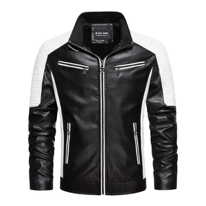 Blouson en Similicuir pour Hommes Style Motard Col Montant Patchwork de Couleurs Contrastées Coupe-vent Manteau en Cuir PU