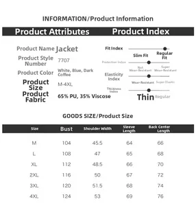 Tableau des tailles détaillé et spécifications du matériau pour vestes en cuir PU homme