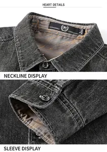 Men's dark gray denim shirt with contrast stitching and detailed collar craftsmanship