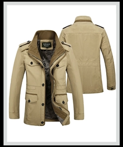 Detailed view of khaki field jacket featuring multiple utility pockets and branded lining