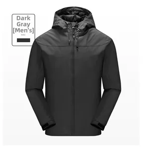 Detail view of men's dark grey hooded jacket with zipper and adjustable velcro cuffs