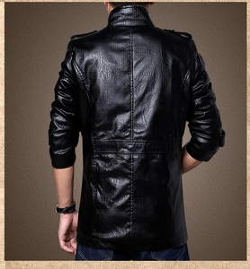 Rear view of men's black leather jacket featuring embossed texture and epaulettes