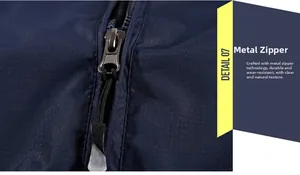 Detail view of smooth silver metal zipper and navy blue micro-grid nylon fabric texture