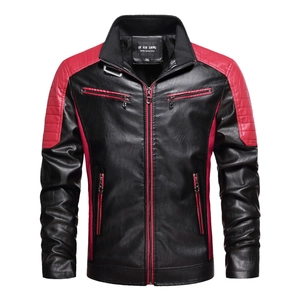 Veste de moto pour homme en similicuir noir et rouge avec col montant et fermeture éclair