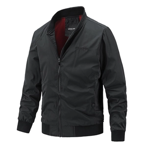 Men's slim fit black bomber jacket with stand collar and embroidery for spring and autumn