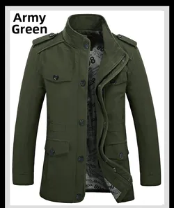 Detail view of military green cotton jacket showing epaulettes and button zipper closure