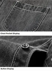 Detail of dark denim shirt pocket and high-quality buttons with reinforced stitching