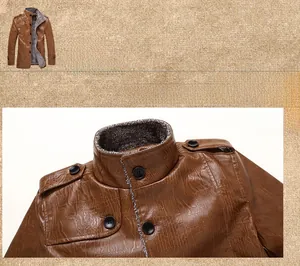 Macro detail of brown crocodile-embossed leather jacket with warm plush lining and epaulettes