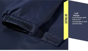 Detail view of adjustable velcro cuffs on navy blue waterproof outdoor jacket