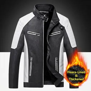 Blouson motard homme en similicuir noir et blanc avec doublure polaire et col montant