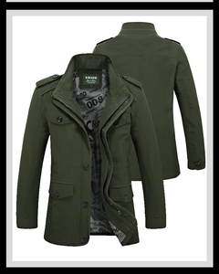 Front and back detail of a dark green military jacket with stand collar and flap pockets