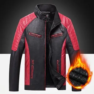 Veste de moto pour homme en similicuir avec patchwork rouge et noir et doublure polaire