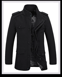 Detailed view of men's black military jacket featuring inner lining with stylish text print