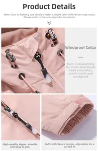 Detail of pink waterproof jacket featuring adjustable drawstring collar and velcro cuffs