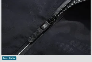 Detailed close-up of a high-quality zipper on a black camouflage jacket with mesh lining
