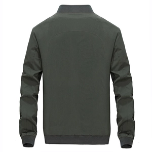 Men's olive green outdoor bomber jacket with ribbed collar and back view display