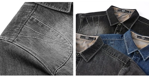 Detail of premium cotton denim shirt showing contrast stitching and multiple color options