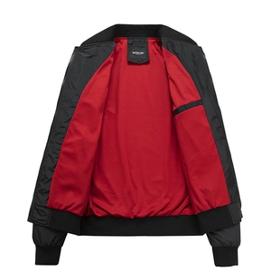 Slim fit black bomber jacket for men with red lining and ribbed stand collar design