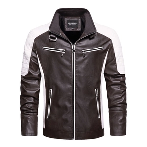 Veste de motard pour homme en similicuir marron avec coutures blanches contrastantes