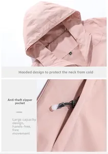 Detail of pink waterproof jacket featuring hooded neckline and secure zipper pocket