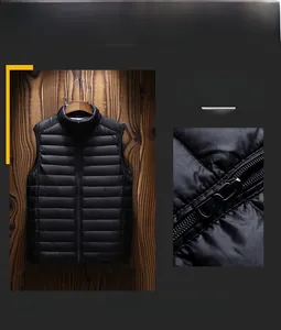 Dettaglio del gilet trapuntato nero leggero con colletto rialzato e zip metallica