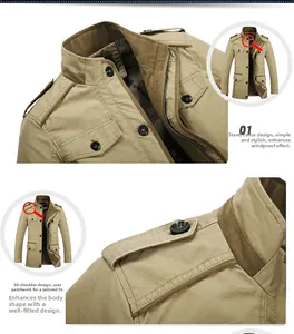 Detailed view of khaki military jacket featuring stand collar and 3D shoulder epaulets