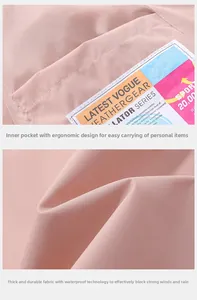 Detail of pink waterproof jacket showing the inner pocket design and windproof fabric texture