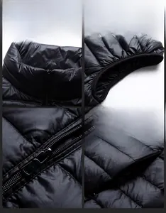 Dettagli del collo alto, orlo elastico, cerniera e tasche del gilet imbottito da uomo