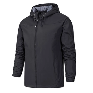 Men's black waterproof outdoor hooded jacket featuring adjustable drawstring and windproof design