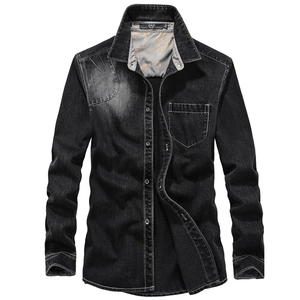 Men's Casual Loose Fit Long Sleeve Denim Shirt Washed Distressed Cotton Blend Button Down Top With Single Chest Pocket