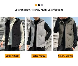 Detailed comparison of men's hooded padded vests in black, gray, and brown colors