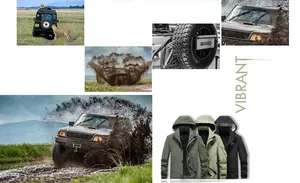 Three colors of men's military tactical jackets shown with hood and sleeve pocket detail
