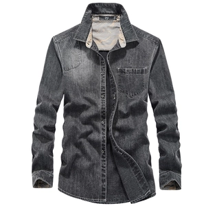 Men's loose long sleeve denim shirt in washed dark grey with chest pocket and lapel