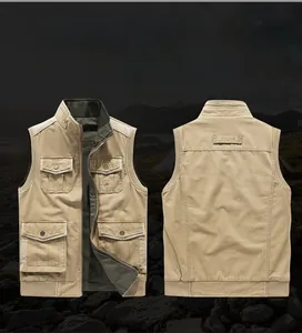 Detail of khaki reversible cotton utility vest with multiple pockets and stand collar