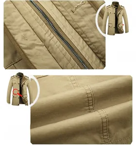 Detail of durable metal zipper and reinforced stitching on khaki business jacket