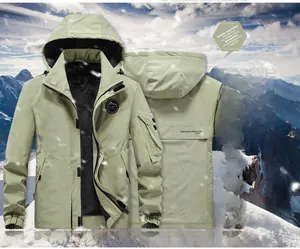 Detail of army green thermal parka featuring black fleece lining and zip-off hood structure