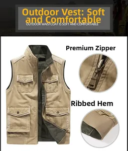 Detailed macro view of high-quality zipper and rib-knit hem on outdoor workwear vest