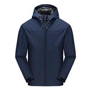 Navy blue hooded windbreaker jacket for men with adjustable cuffs and waterproof fabric