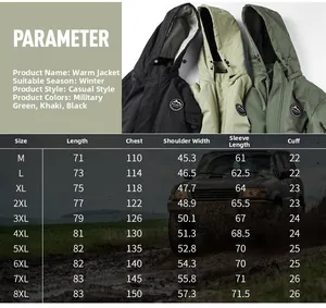 Detailed size chart for men military cargo jacket from M to 8XL with precise measurements