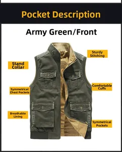 Detailed view of the army green men's cotton vest featuring functional pockets and stand collar
