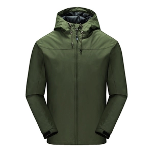 Waterproof dark green outdoor hooded jacket for men with adjustable cuffs and windproof fabric